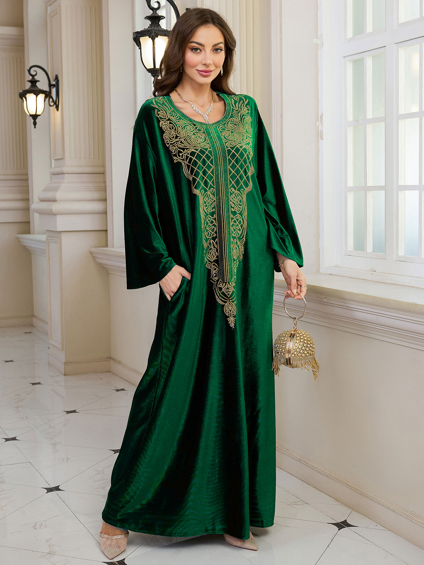 Elegant Embroidered Kaftan Dress Beach Bathing Suit Cover up Long Maxi Dress